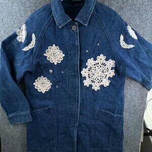 Eddie Bauer Women Blue Denim Coat Chore Farmhouse Custom Medium Floral Long